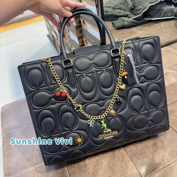 NWT Coach Bundle Large Maggie Tote Bag Blocked CY672 Black & CCD30 Long Chain - Picture 1 of 16